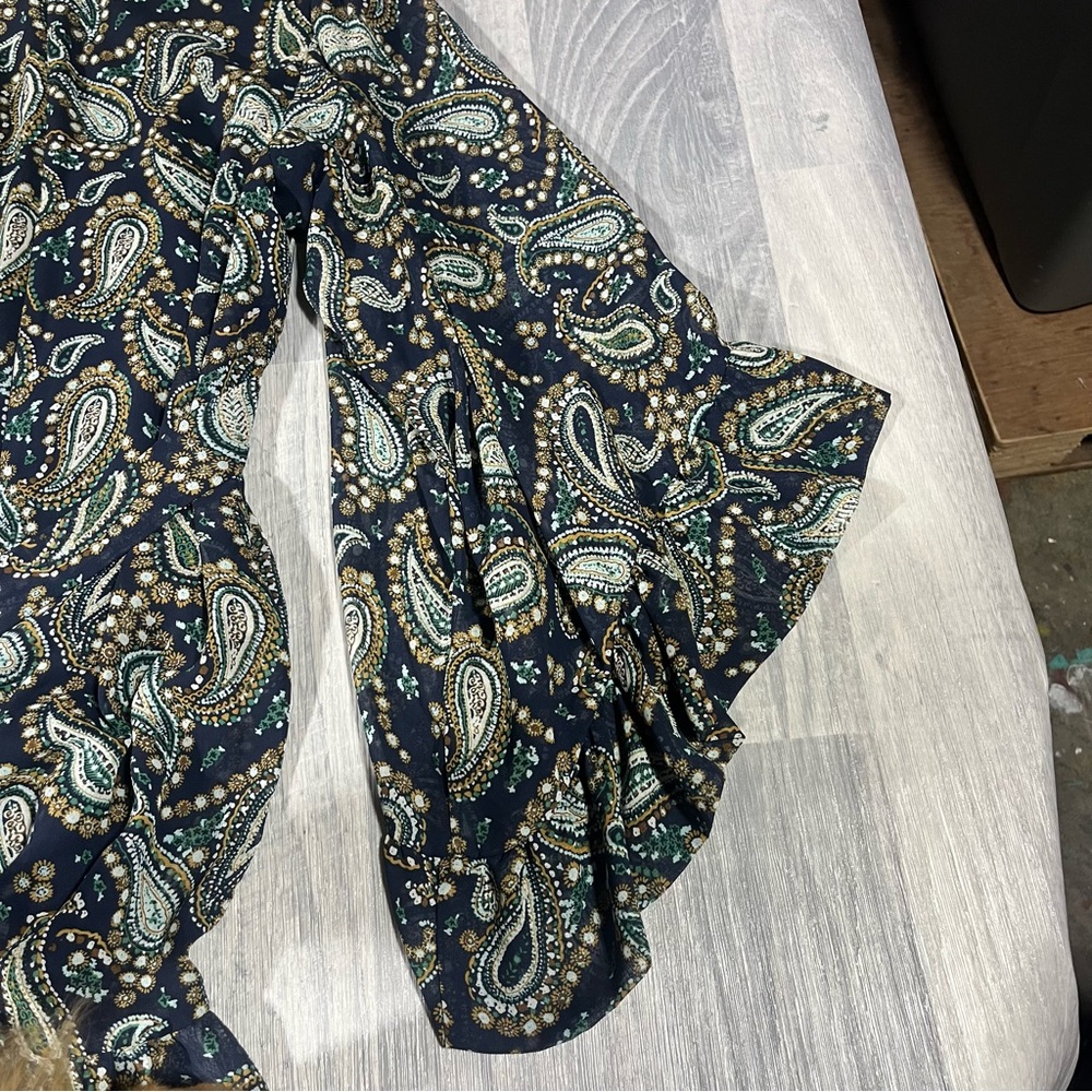 Betsey Johnson Navy Blue and Green Bohemian with Bell Sleeve Dress; Large (8) - Picture 10 of 10